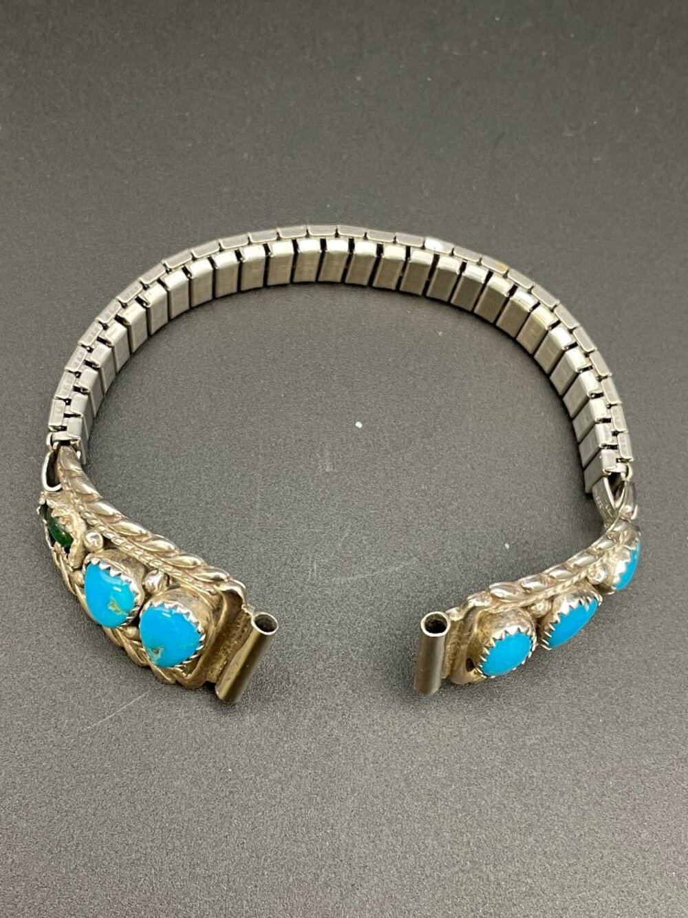 Vintage Sterling Silver Southwestern Running Bear Watch Band with Turquoise.